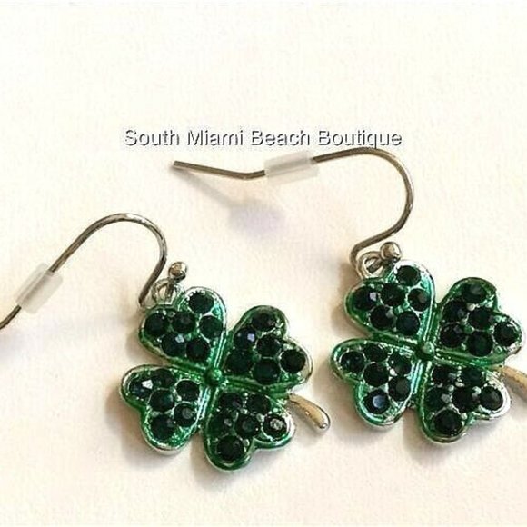 Shamrock Earrings Irish Green Crystal St Patricks Day Celtic Silver Plated - Picture 1 of 7